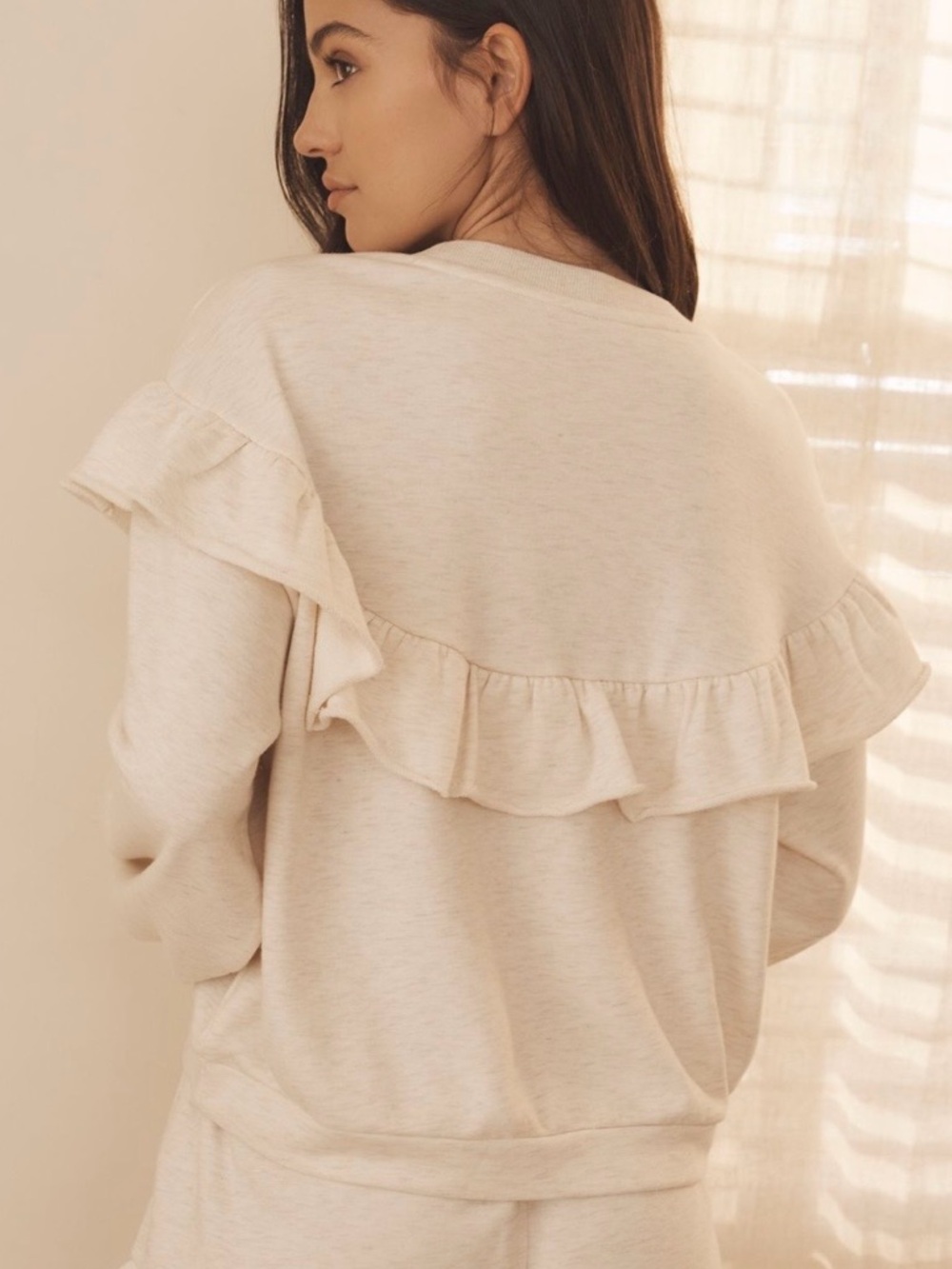 Anthropologie ruffle sweatshirt in Light Sand - Picture 2 of 9